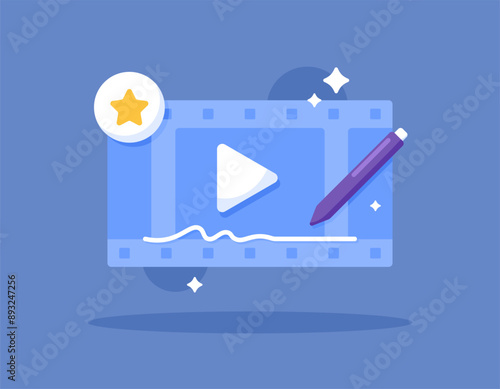 concept of premium or pro video editing application or software. video editor. illustration of film tape with pencil and star symbol. technology. flat style design. graphic elements