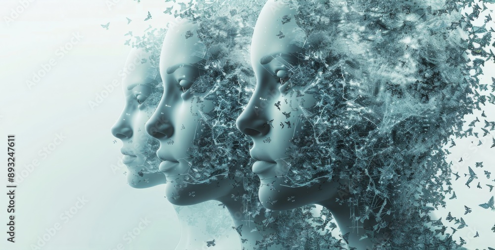 women profile light blue color, head explosion, neural networking, digital twin, digital transformation on white background women profile light blue color, head explosion, neural networking, digital twin, digital transformation on white background