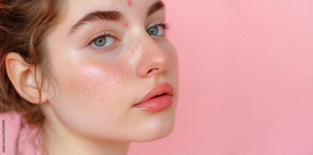 Teenager's cheek with acne scars on a pastel pink background Teenager's cheek with acne scars on a pastel pink background