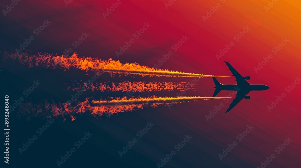 Naklejka premium A white stripe appears in the sky behind an airplane flying high.