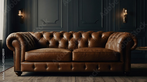 A luxurious leather sofa in a sophisticated setting, representing luxury and durability.