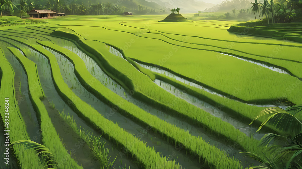Fototapeta premium A lush rice paddy field, representing agriculture and the lifeline of rural India