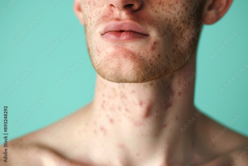 Obraz premium A young man's chest with acne on a mint blue background