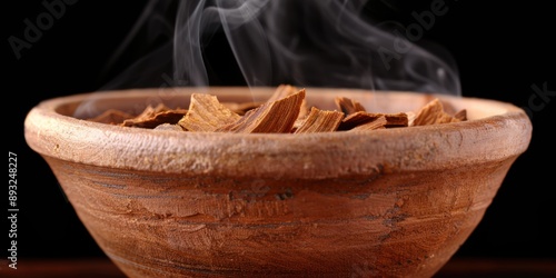 Smoldering wood chips in a rustic wooden bowl