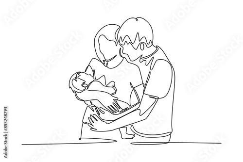 Parent-child relationship, communication concept. Single line draw design vector graphic illustration.
