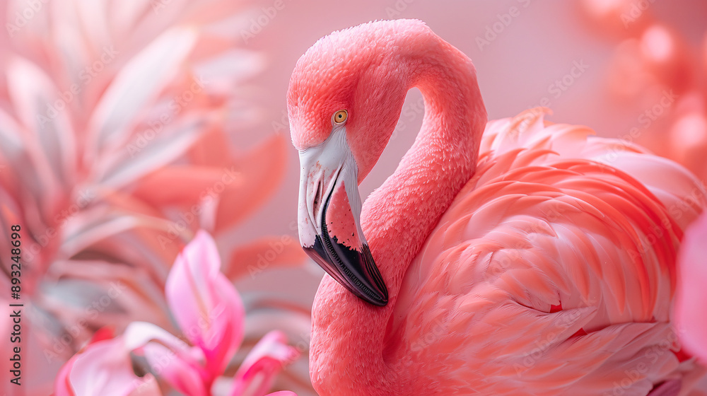 Naklejka premium A pink flamingo is standing in front of a pink background