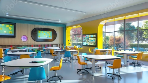 Futuristic classroom with sleek furniture, interactive displays, and creative zones © Noreen