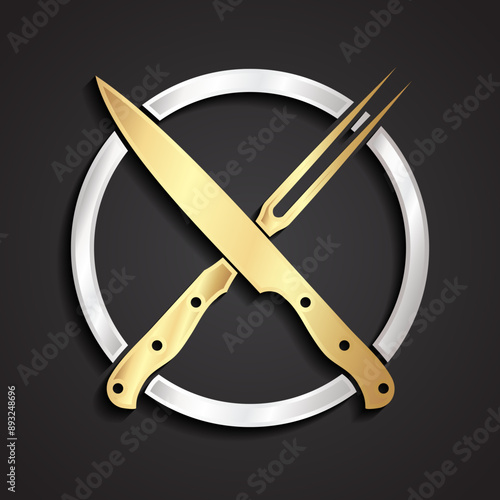 3d golden crossed knife and fork with silver circle logo