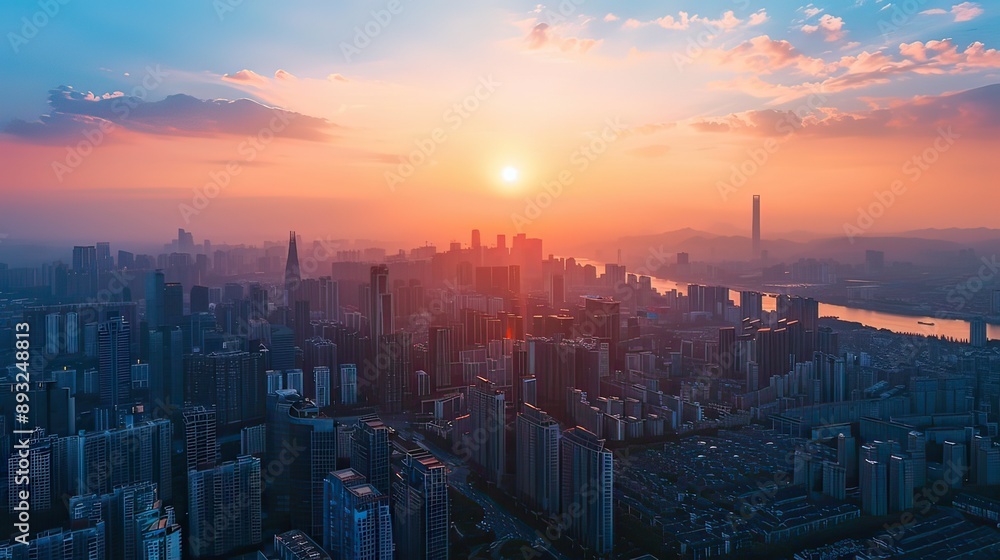 Fototapeta premium Aerial view of a modern cityscape dominated by high-rise buildings at sunset. Minimalist stock photo 