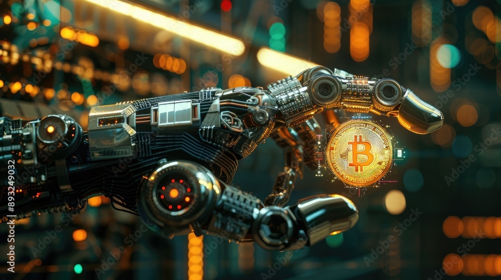 Futuristic Robotic Hand Holding Glowing Bitcoin Coin - Technological Automation in Finance Industry Futuristic Robotic Hand Holding Glowing Bitcoin Coin - Technological Automation in Finance Industry