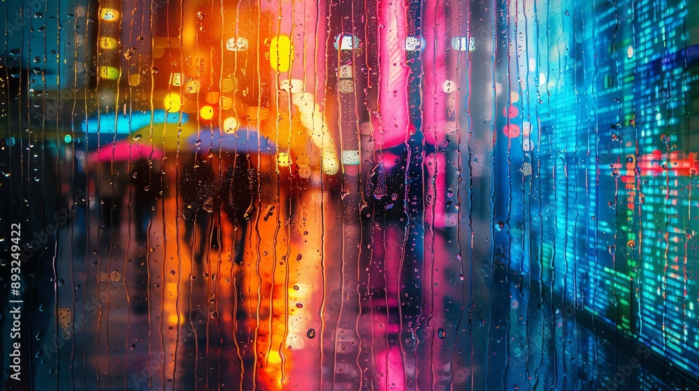 Digital Raindrops  Raindrops on a digital window, each drop an encapsulation of colorful data, extremely sharp