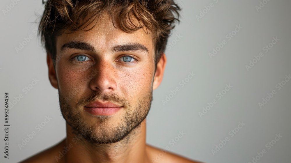 Close-up portrait of a young man with captivating blue eyes and a charming smile, showcasing natural beauty and confidence. Close-up portrait of a young man with captivating blue eyes and a charming smile, showcasing natural beauty and confidence.