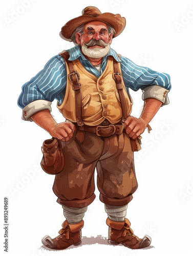 A cheerful elderly farmer character wearing traditional clothing, showcasing a friendly demeanor and charming personality.