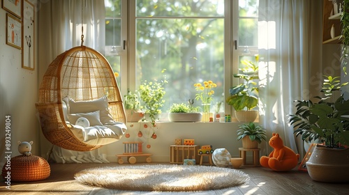 Baby's room with toys, cute lighting and cozy decor; crib and teddy bear nearby.