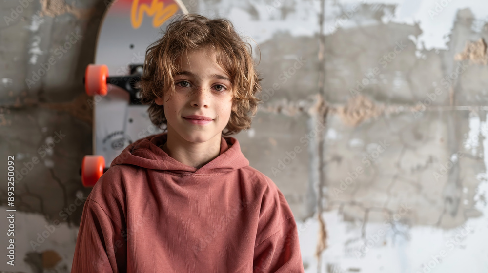 A young boy poses confidently in a casual hoodie, surrounded by an urban backdrop and a skateboard, exuding youthful energy. A young boy poses confidently in a casual hoodie, surrounded by an urban backdrop and a skateboard, exuding youthful energy.