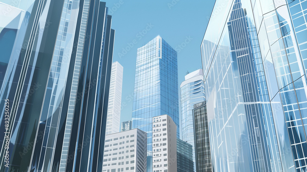 Fototapeta premium A futuristic skyscraper with a sleek, reflective glass facade rising against a clear blue sky, showcasing modern urban architecture and advanced design