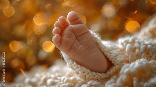 The cute feet of a baby lying calmly on a bed