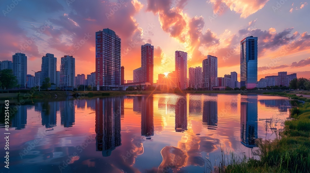 Fototapeta premium Dramatic Sunset Over Towering Cityscape with Stunning Reflections in River
