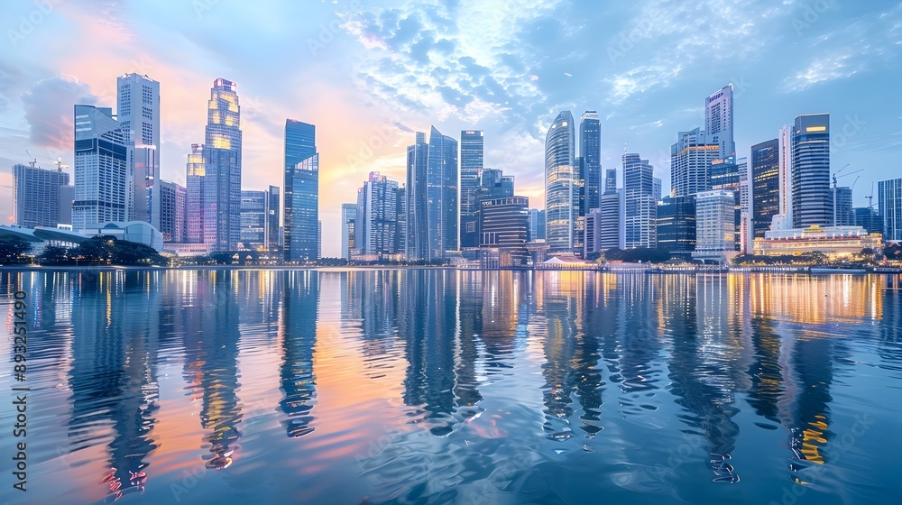 Panoramic Cityscape with Towering Skyscrapers Reflected in Tranquil Waterfront at Dawn Panoramic Cityscape with Towering Skyscrapers Reflected in Tranquil Waterfront at Dawn