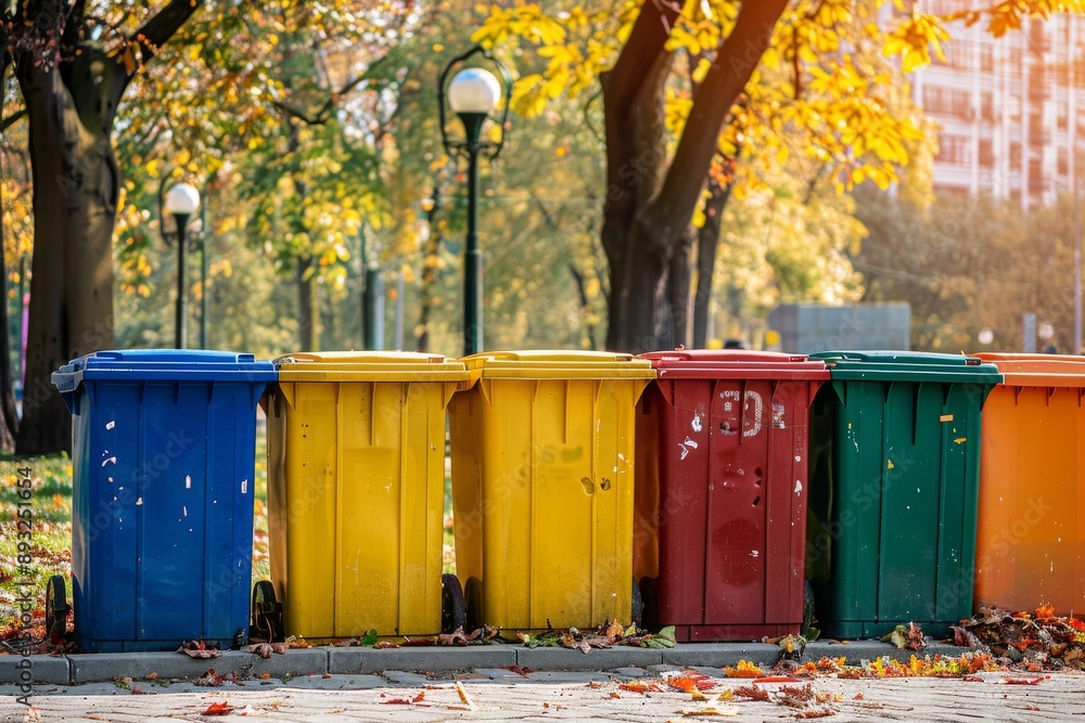 Different color recycling bins in city park bins for collection of recycle materials. Different color recycling bins in city park bins for collection of recycle materials.