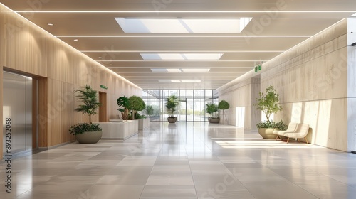High ceiling lobby in a school featuring sleek, minimalist design and natural light © Noreen