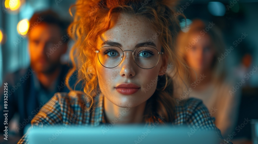 A Woman With Glasses Looking at the Camera in Front of a Group of People - Generative AI A Woman With Glasses Looking at the Camera in Front of a Group of People - Generative AI