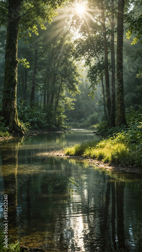 Enchanted Forest Stream: Sunbeams Illuminate Tranquil Nature Landscape at Dawn