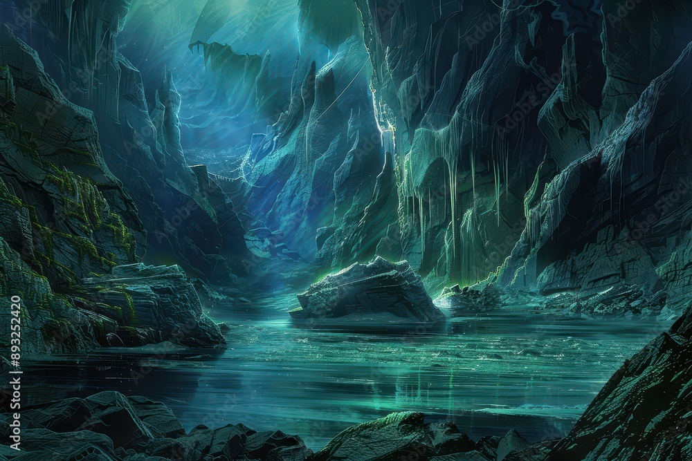 Bioluminescent cavern with an underground lake and a partially submerged shipwreck