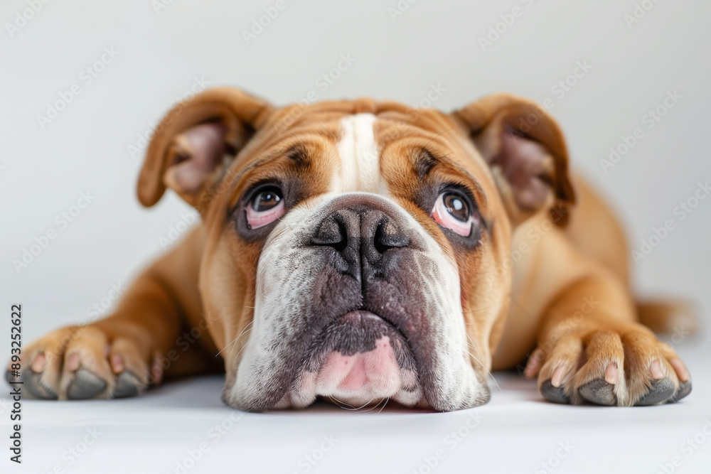Obraz premium Closeup and front view, English bulldog lying down and looking at the camera, isolated white background...