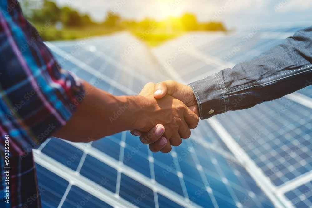 Executive business people making handshake after meeting with electrical engineer technician solar panels. Clean and green alternative energy concept