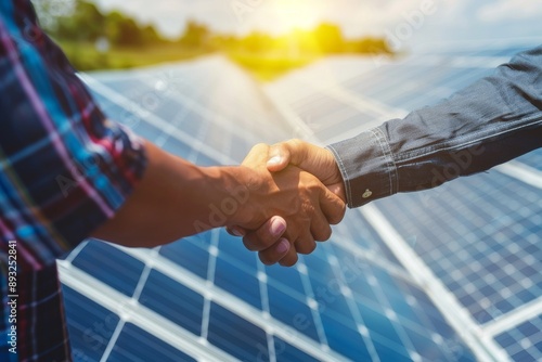 Obraz na płótnie Executive business people making handshake after meeting with electrical engineer technician solar panels. Clean and green alternative energy concept w salonie