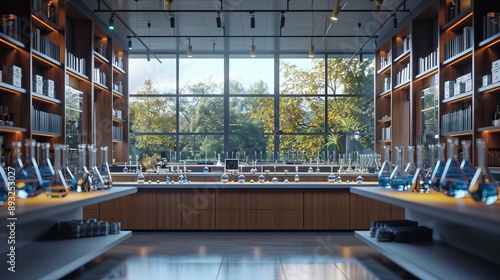 Laboratory with test tubes on tables filled with various liquids; chemistry experiment room; science.