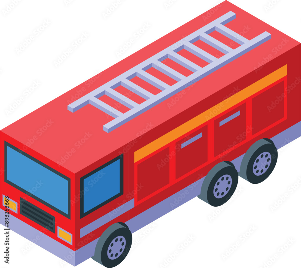 Red firetruck standing by with ladder extended in isometric view Red firetruck standing by with ladder extended in isometric view