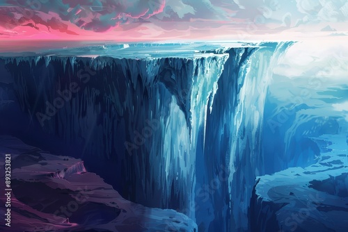 Mysterious icy chasm with vibrant sky and rocky terrain photo