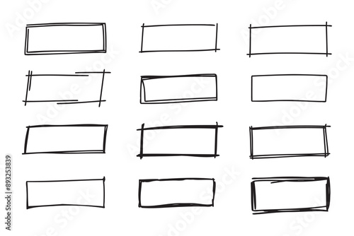 Hand drawn doodle vector rectangle frames. Grungy scribble rectangle frames. Doodle geometric borders. Pen ink empty black text boxes set. 