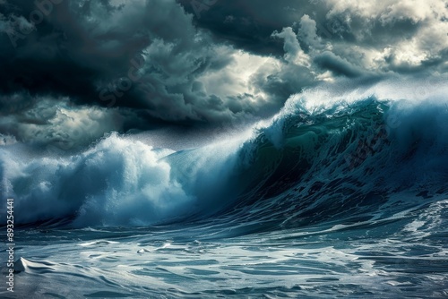 Giant tsunami waves, dark stormy sky. Perfect Storm. Huge waves Tsunami Big waves. 