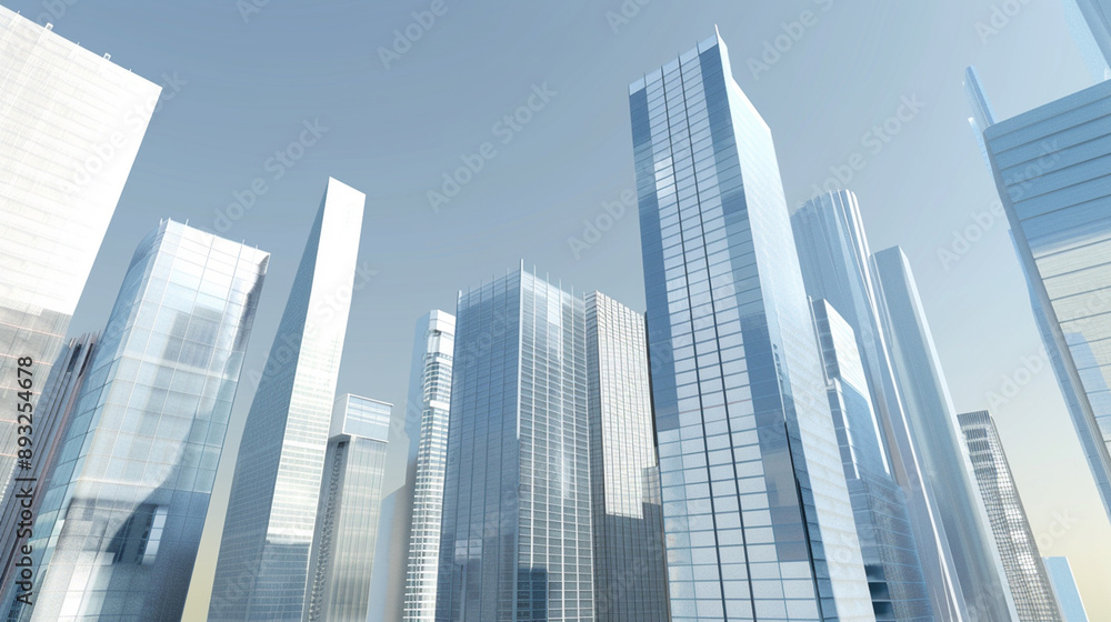 Fototapeta premium A futuristic skyscraper with a sleek, reflective glass facade rising against a clear blue sky, showcasing modern urban architecture and advanced design