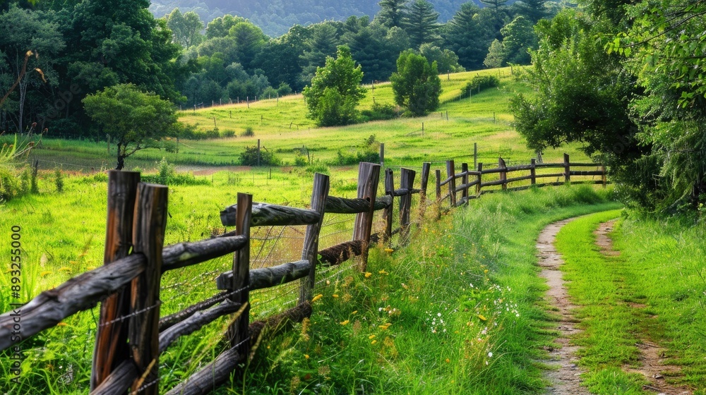 Rustic wooden fence bordering a lush, green field Rustic wooden fence bordering a lush, green field