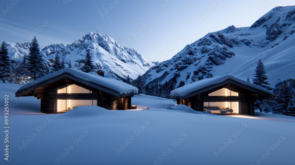 Fototapeta premium Cozy mountain cabins in snowy winter landscape