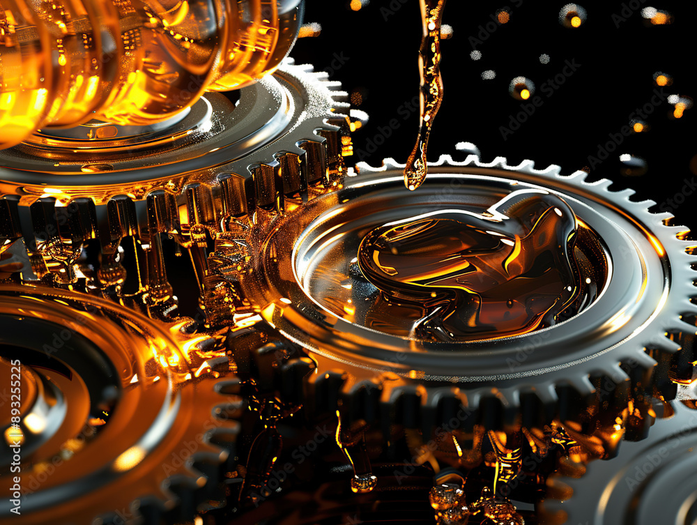 A close-up of golden motor oil pouring into the complex gears A close-up of golden motor oil pouring into the complex gears