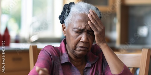 Elderly woman with a migraine, sitting at home, looking stressed and worried, suffering from pain.