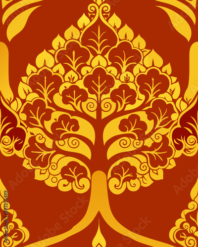 vintage floral pattern with ornate gold elements and swirls, bodhi tree