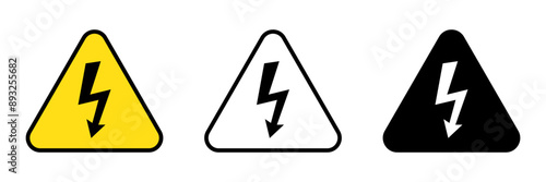 High voltage sign and icon. Warning electricity symbol. Alert, hazard and danger, caution electrical icon. Triangle with lightning sign.