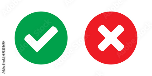 Right or wrong icons. Green tick and red cross checkmarks. Yes or no symbol, approved or rejected icon for user interface.