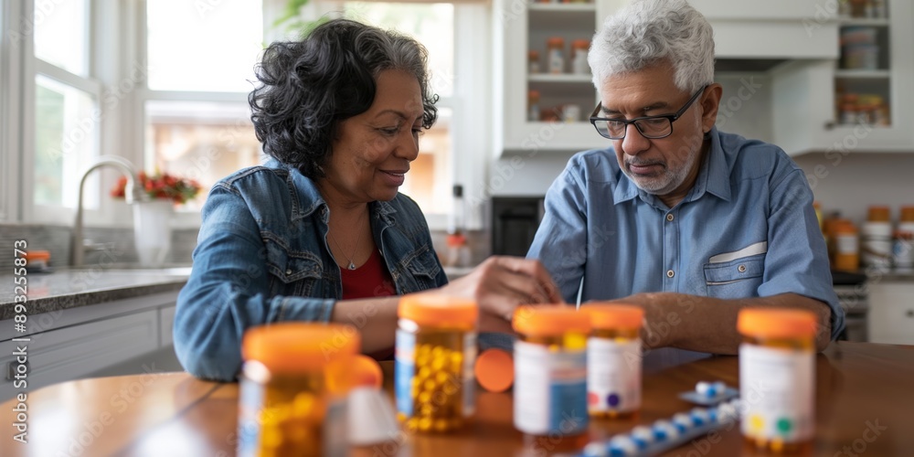 A retired senior couple enjoying togetherness at home, in the kitchen, using vitamin for relaxation and health support. A retired senior couple enjoying togetherness at home, in the kitchen, using vitamin for relaxation and health support.