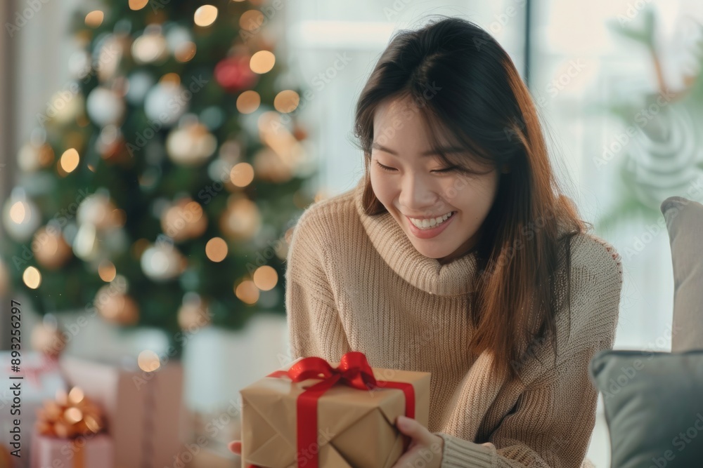 Happy woman opening her present on feeling thankful for getting present in wrapped gift box, celebrating happy birthday or marriage anniversary, international women s day, Merry Christmas. Happy woman opening her present on feeling thankful for getting present in wrapped gift box, celebrating happy birthday or marriage anniversary, international women s day, Merry Christmas.