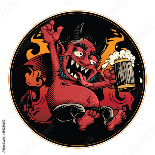 Devil's Beer coaster. Vector illustration in engraving technique of horned red devil holding a beer. 