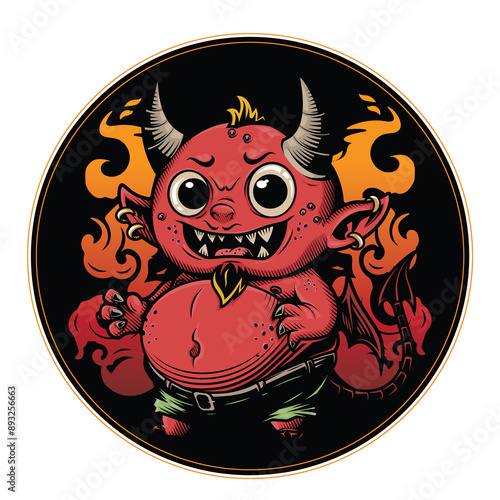 Devil's Beer coaster. Vector illustration in engraving technique of cute horned red little devil. 