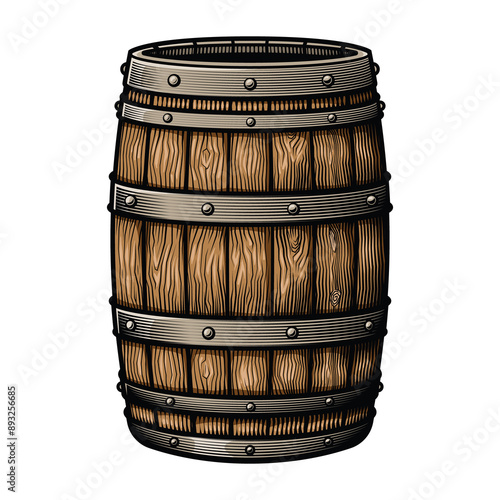 Beverage barrel. Vector illustration in engraving technique of wooden old alcohol cask.