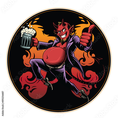 Devil's Beer coaster. Vector illustration in engraving technique of horned red devil in cool cape holding a beer. 
